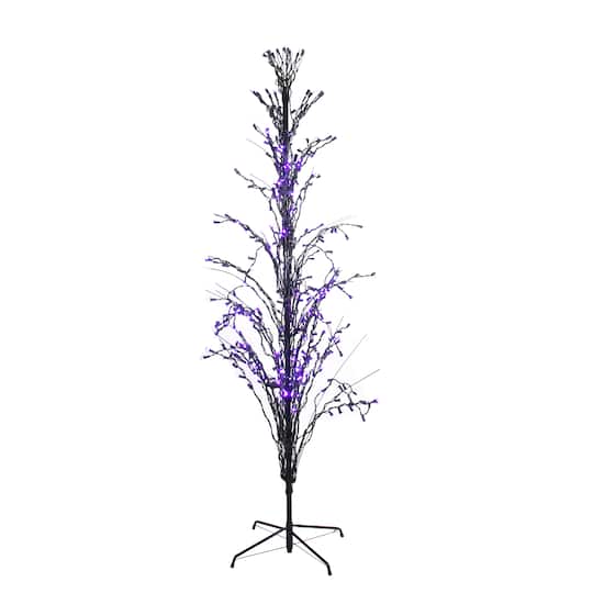 6ft. Pre-Lit Black Cascade Outdoor Halloween Twig Tree, Purple Lights
